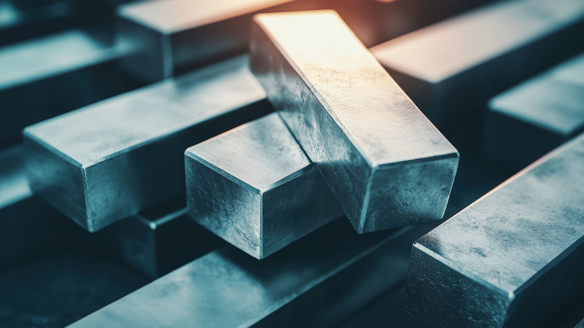 Close-up of stacked silver or metal bars with a textured surface, reflecting light in a minimalist, industrial setting.