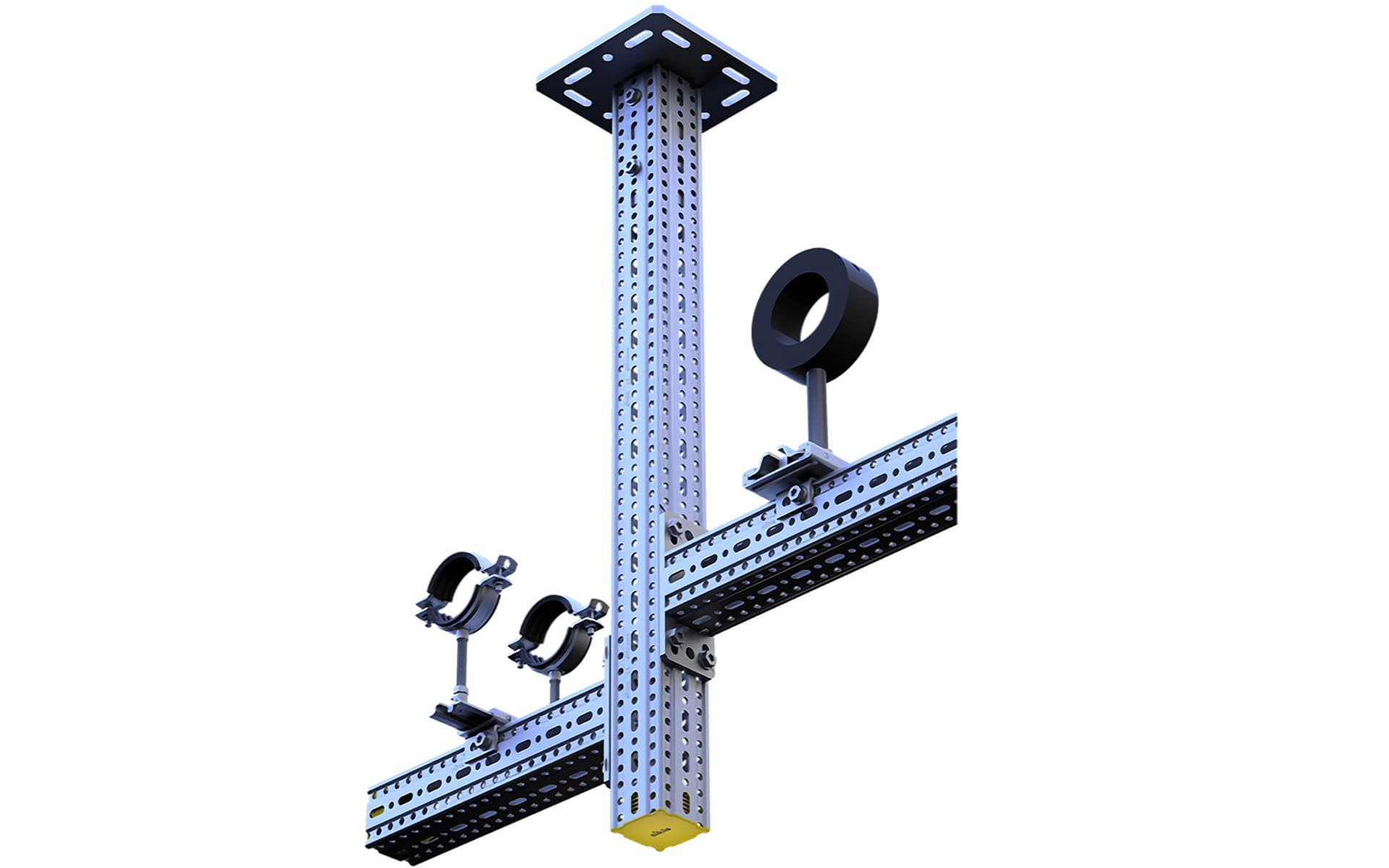 Framo construction rendering with three pipe clamps