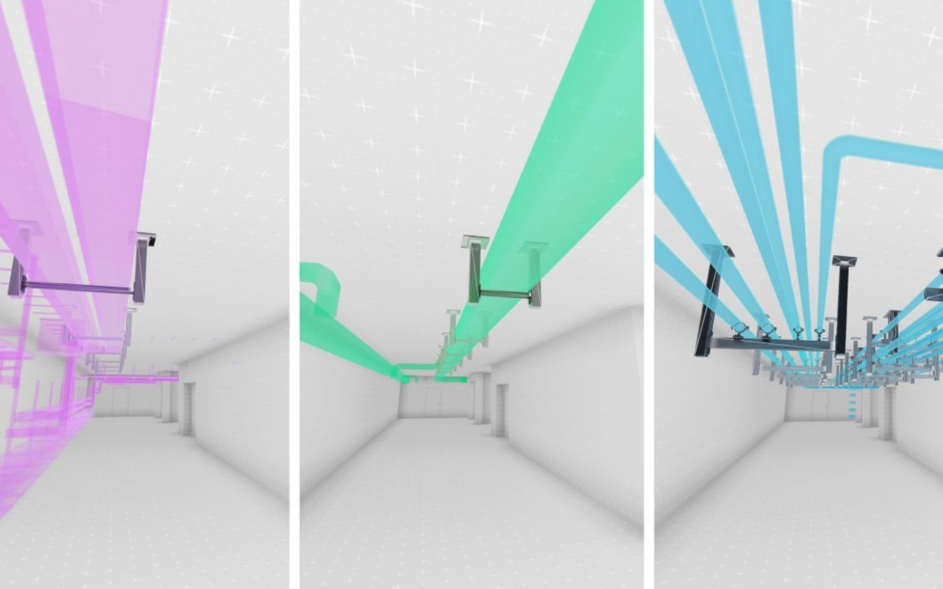 Three panels depict colorful pipes in a grid-patterned space: purple left, green center, blue right, each with supporting brackets.