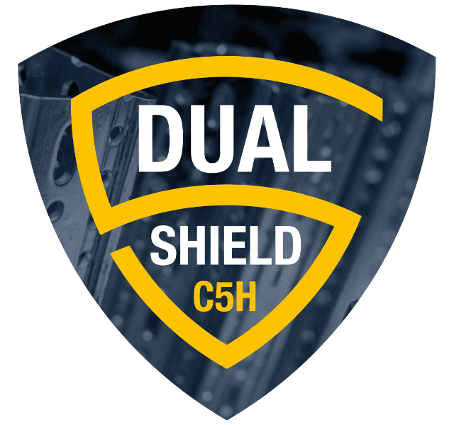 Shield-shaped logo with "DUAL SHIELD C5H" in bold text, featuring a yellow border on a dark, industrial-textured background.
