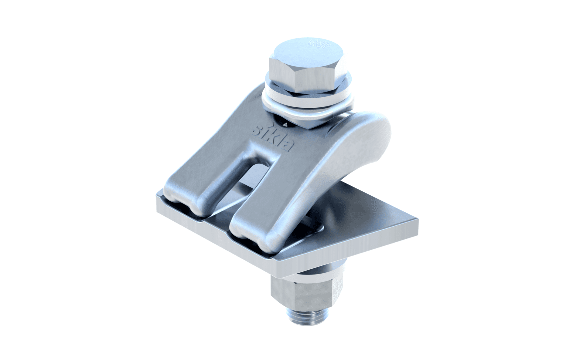 A metallic industrial clamp with a hexagonal bolt and nut, featuring engraved Sikla logo, resting on a flat rectangular base.